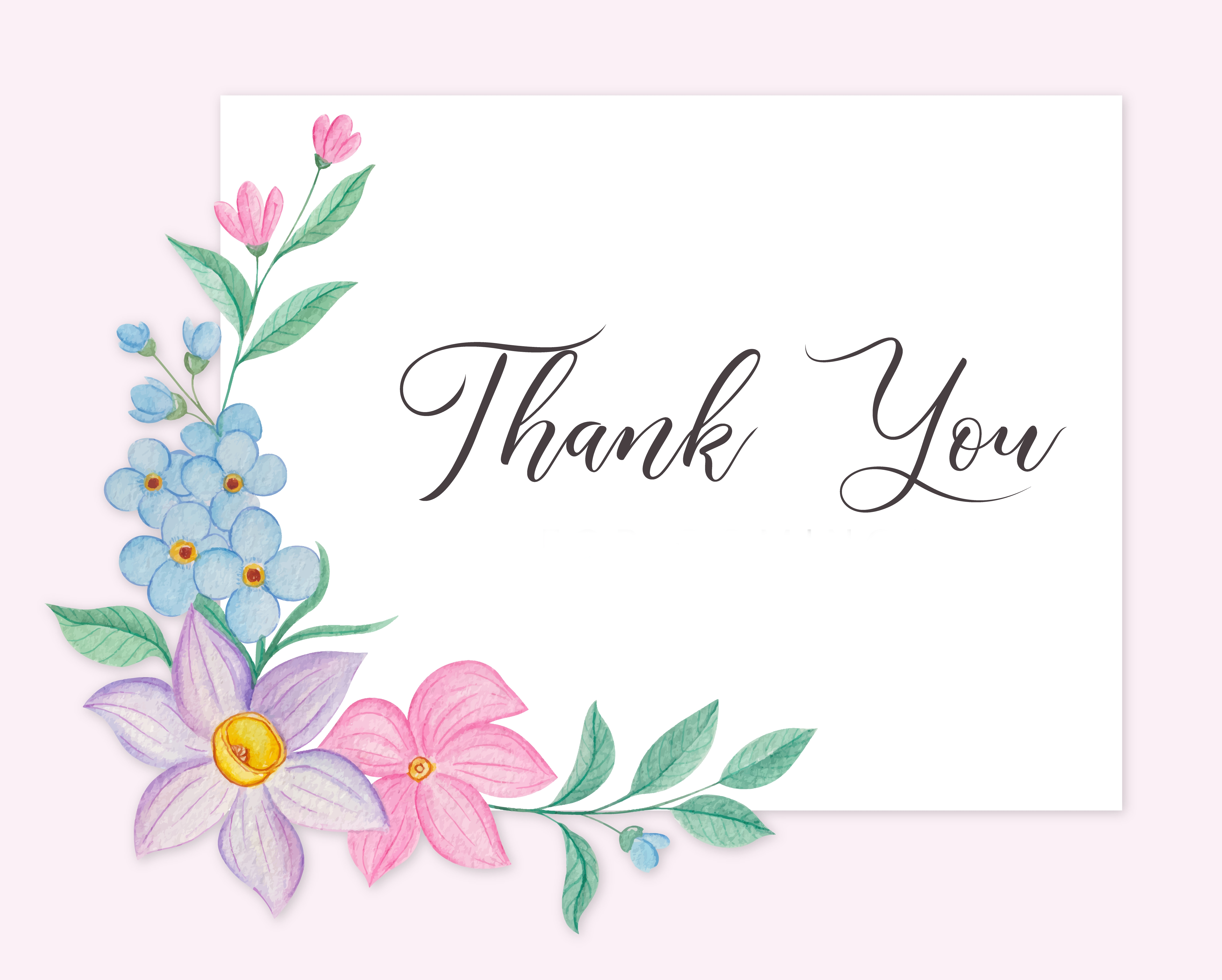 Flowers on a pink background with the words Thank You to the right of the flowers