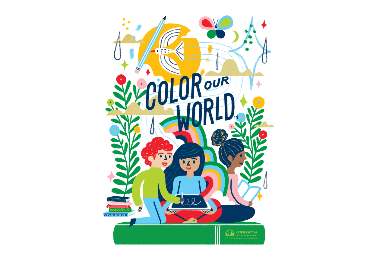 Children sitting on a book, reading under the caption Color Our World