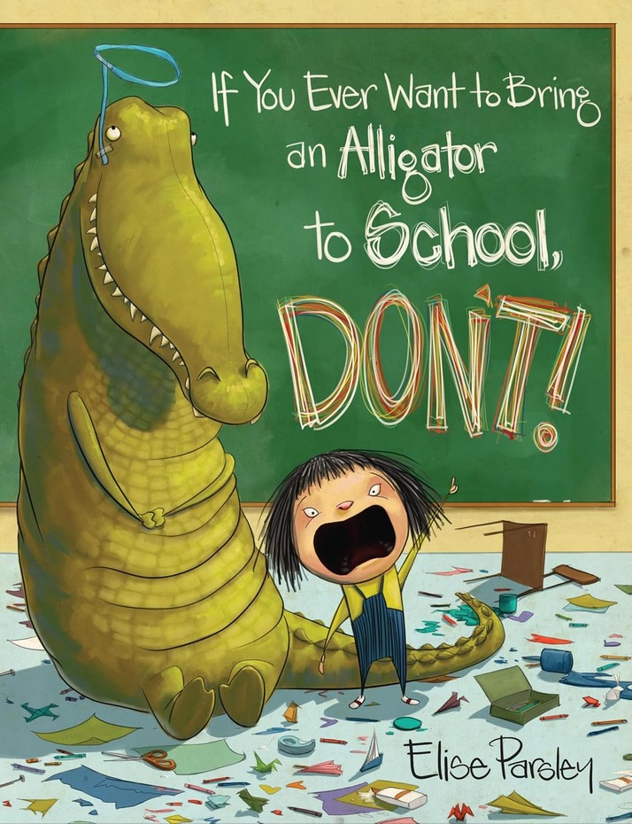 Little girl yelling as she is standing beside of an alligator who is sitting amide the destruction of a school classroom
