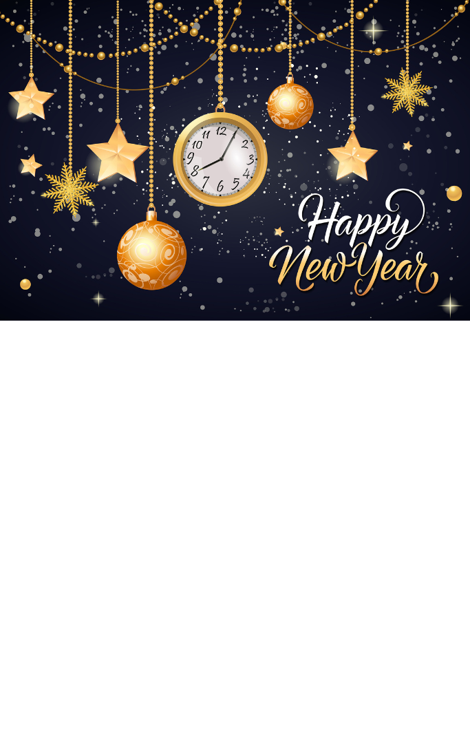 Watch, bulbs and stars on black background with the words Happy New Year