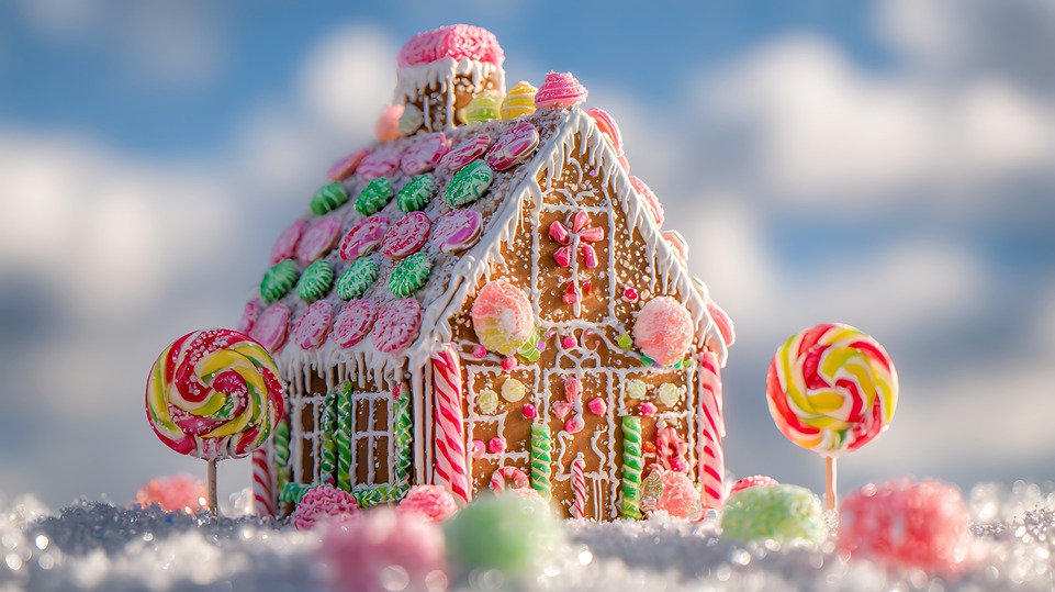 Pastel gingerbread house in the snow