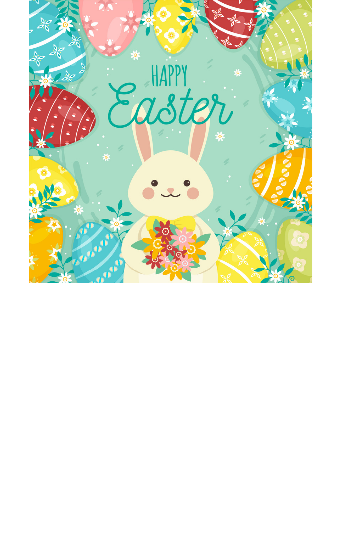 Bunny rabbit holding flowers surrounded by Easter eggs