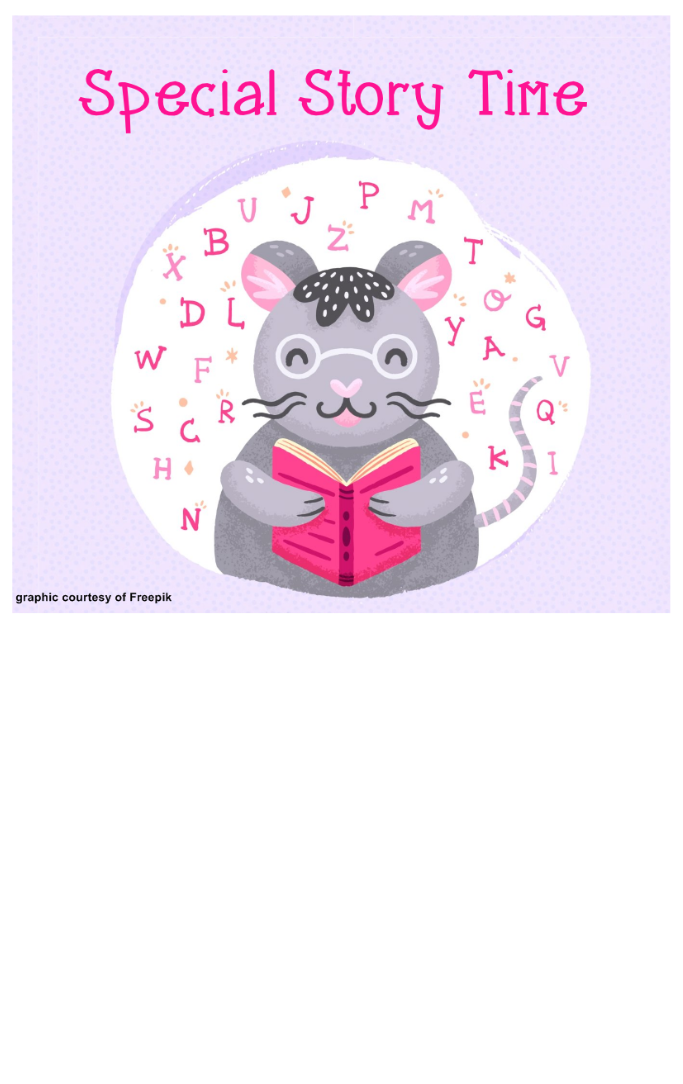 Mouse reading a book surrounded by letters with Special Story Time written above