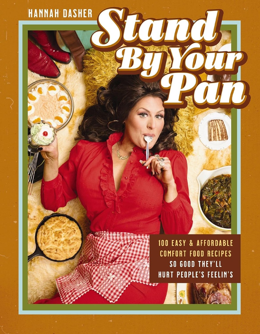 Lady with a red checked apron and a spoon in her mouth surrounded by a number of completed recipes