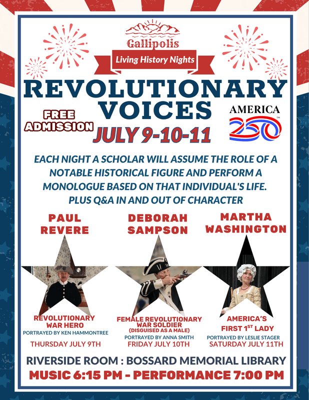 Revolutionary Voices flyer with stars at the bottom inset with photos of the living historians portraying Revere, Sampson, and Washington