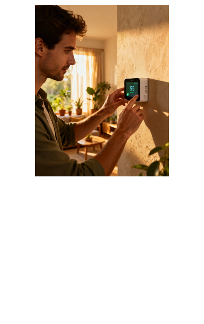 Man adjusting a thermostat in his house